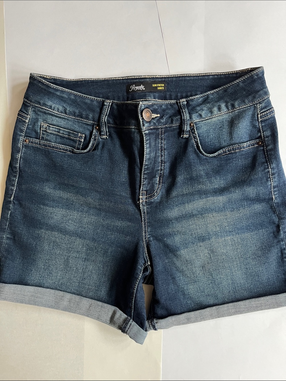 Royalty For Me Dark Blue Cuffed Denim Shorts woman’s size 4 stretchy high waist